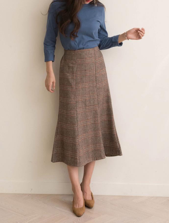 Autumn Winter Chess Long A Line Wool Wool Skirt Ch