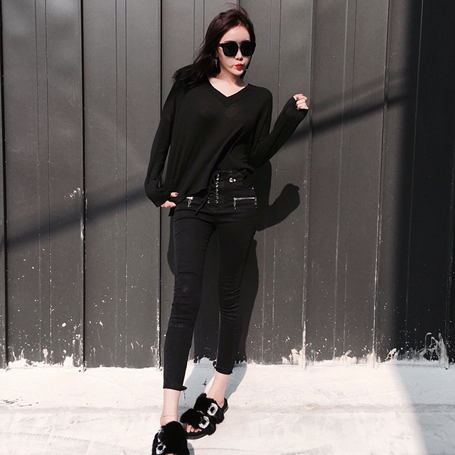 Korea Jeans Pants High Waist Eyelet Zipper Point S