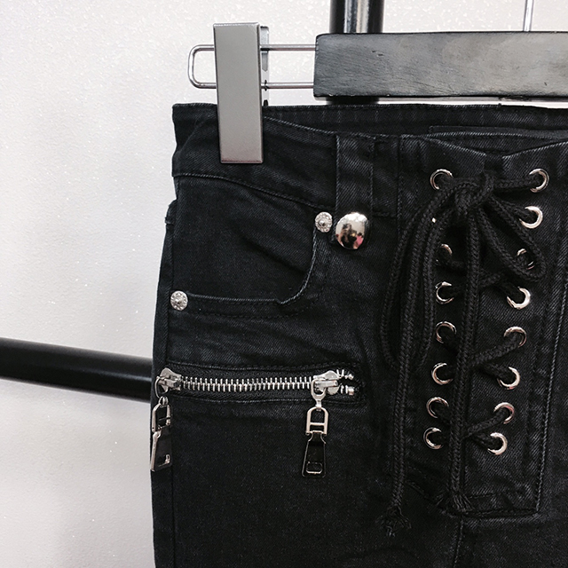 Korea Jeans Pants High Waist Eyelet Zipper Point S