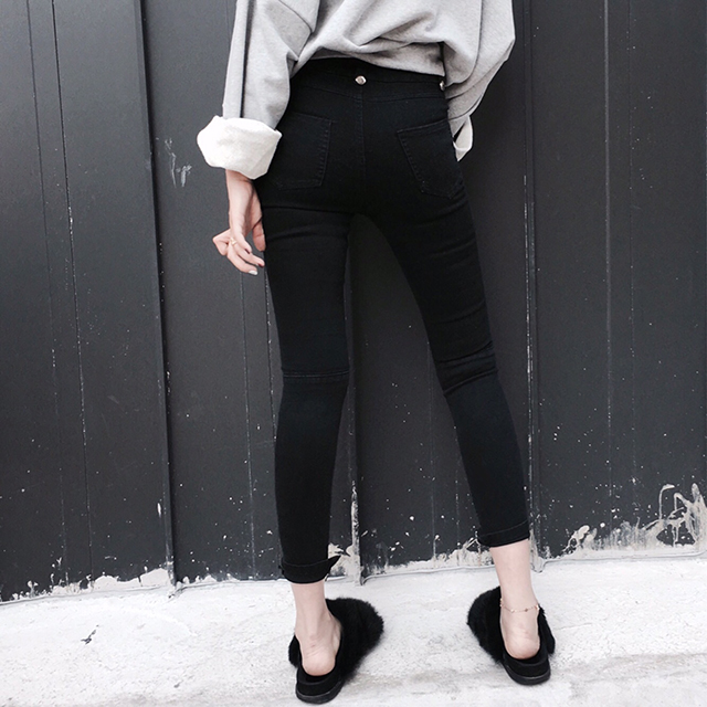 Korea Jeans Pants High Waist Eyelet Zipper Point S