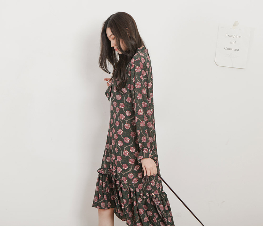 Chiffon Frill Flower One Piece Female Autumn 30s