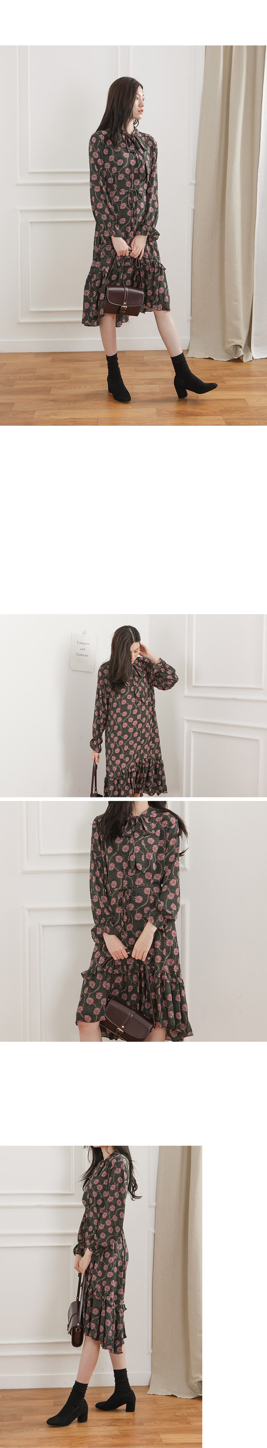 Chiffon Frill Flower One Piece Female Autumn 30s