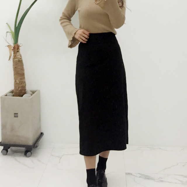 Bending suede long skirt Black velvet trim High wa