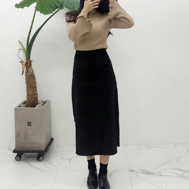 Bending suede long skirt Black velvet trim High wa