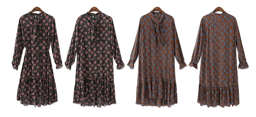 Chiffon Frill Flower One Piece Female Autumn 30s