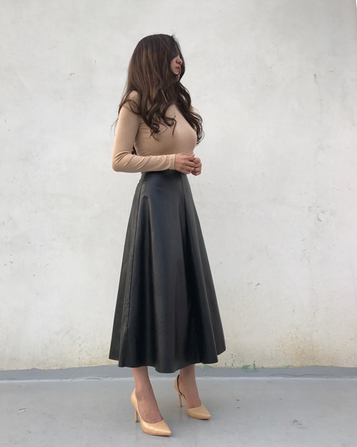 Autumn Leathers Leather Flare Long Skirt 2color Wo