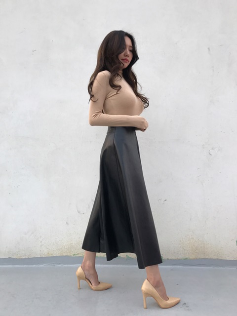 Autumn Leathers Leather Flare Long Skirt 2color Wo