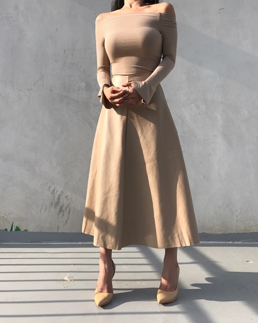 Autumn Leathers Leather Flare Long Skirt 2color Wo