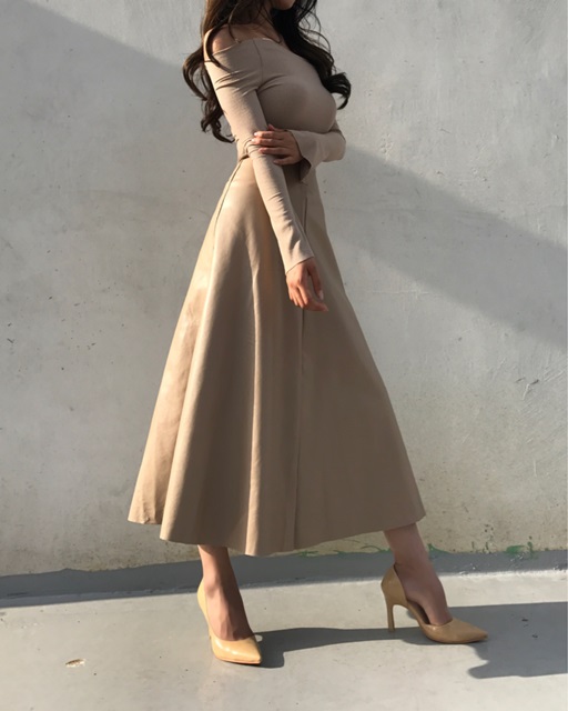 Autumn Leathers Leather Flare Long Skirt 2color Wo