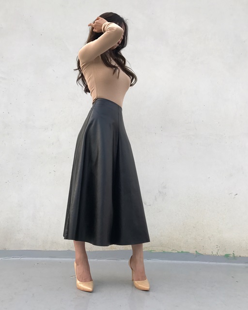 Autumn Leathers Leather Flare Long Skirt 2color Wo