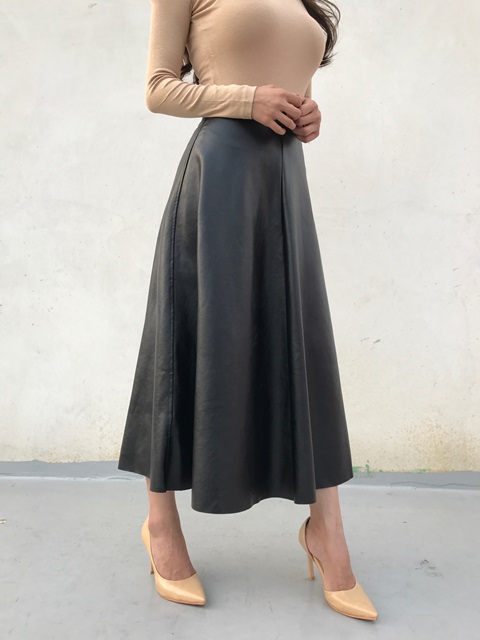 Autumn Leathers Leather Flare Long Skirt 2color Wo