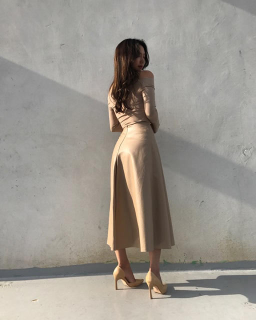 Autumn Leathers Leather Flare Long Skirt 2color Wo