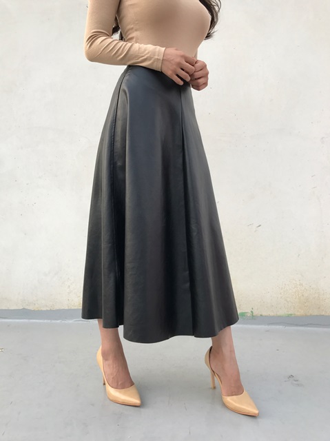 Autumn Leathers Leather Flare Long Skirt 2color Wo