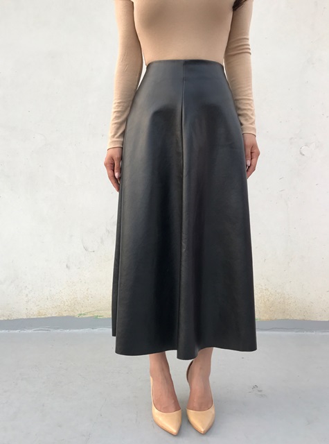 Autumn Leathers Leather Flare Long Skirt 2color Wo
