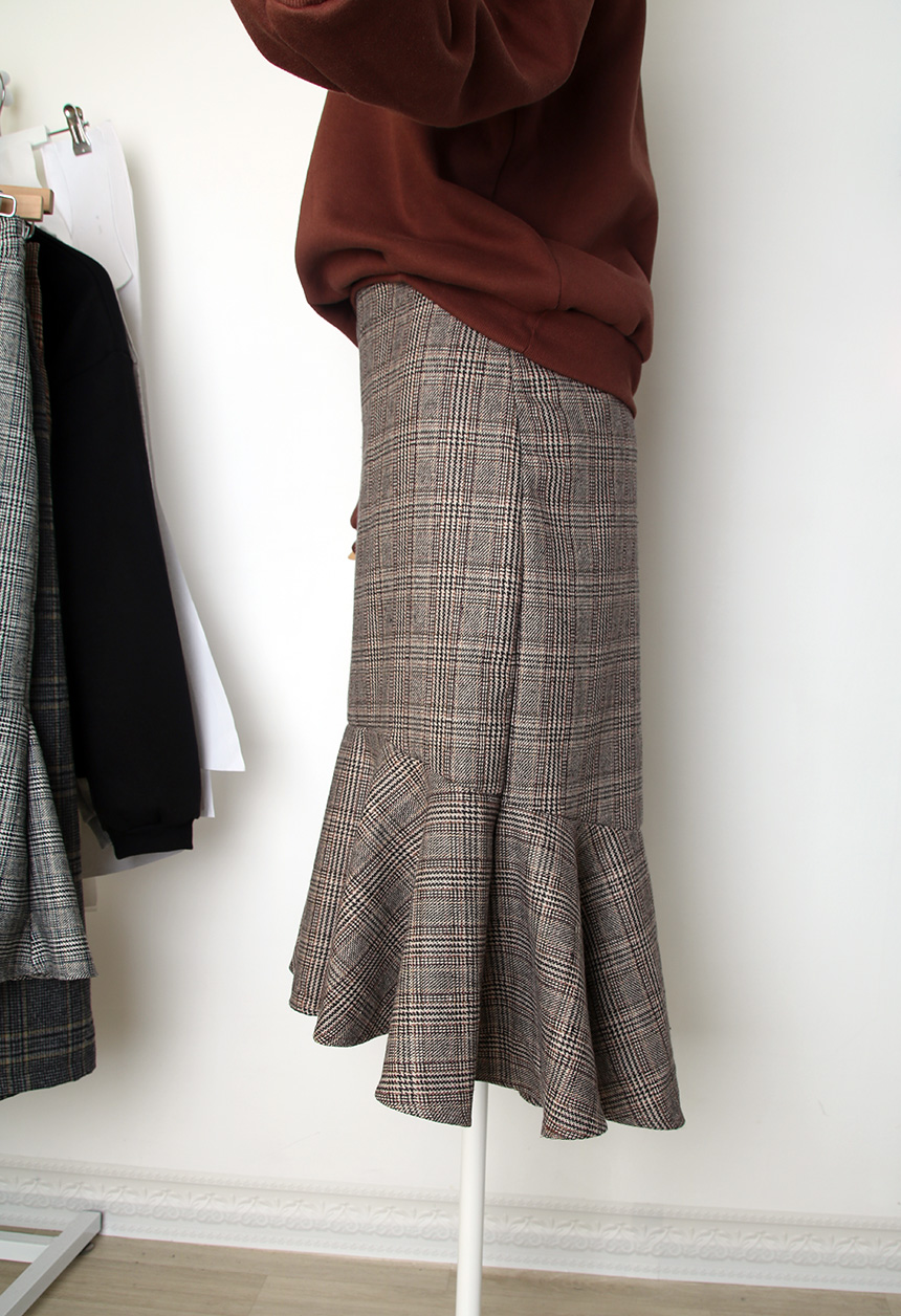 Check Mermaid Unbalance Frill Skirt Autumn Long Sk