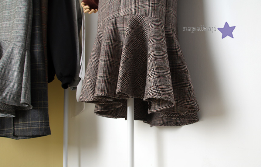Check Mermaid Unbalance Frill Skirt Autumn Long Sk