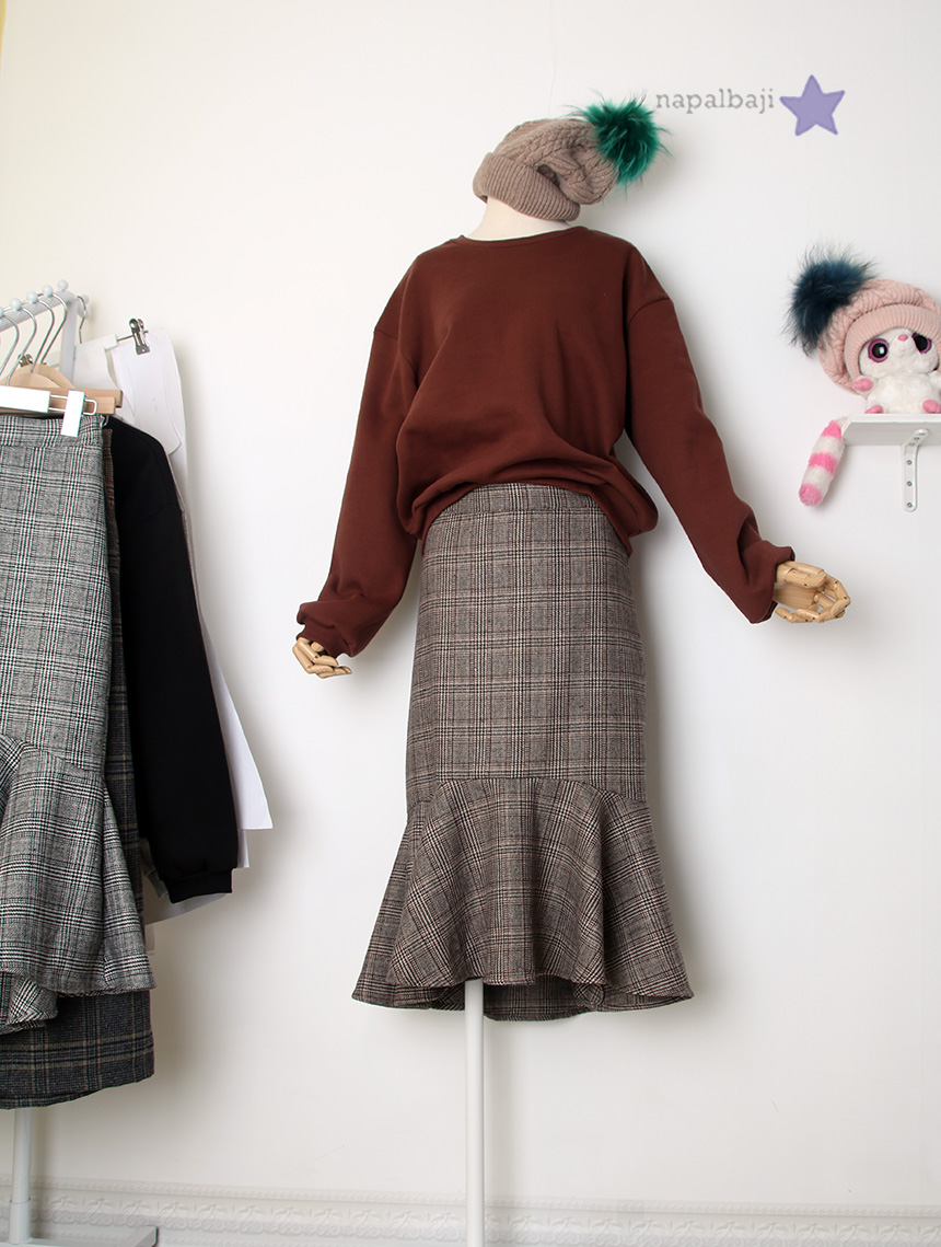 Check Mermaid Unbalance Frill Skirt Autumn Long Sk