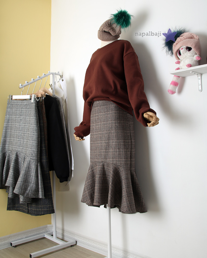 Check Mermaid Unbalance Frill Skirt Autumn Long Sk