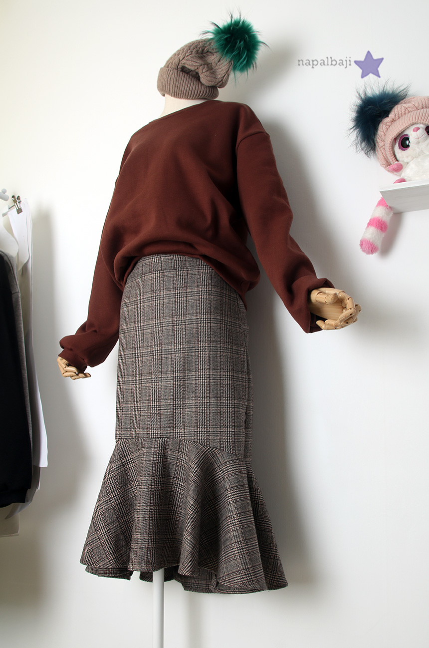 Check Mermaid Unbalance Frill Skirt Autumn Long Sk