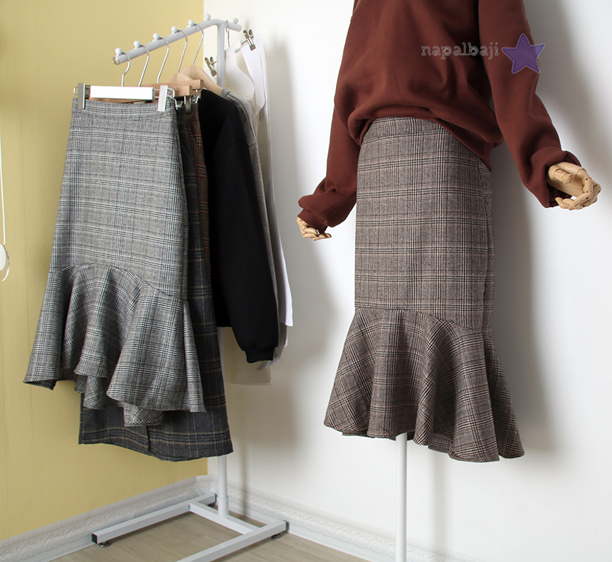 Check Mermaid Unbalance Frill Skirt Autumn Long Sk