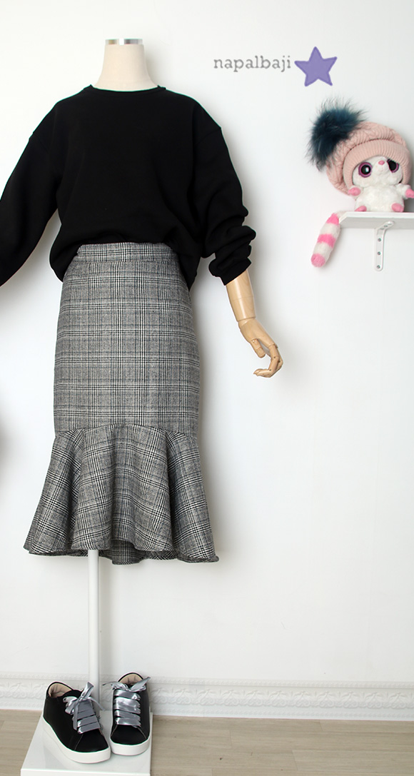 Check Mermaid Unbalance Frill Skirt Autumn Long Sk