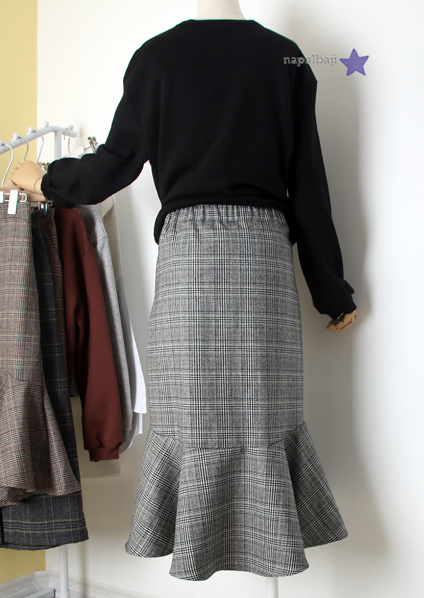 Check Mermaid Unbalance Frill Skirt Autumn Long Sk