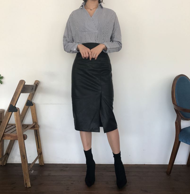 Vogue black incision hooded long skirt Reza leathe