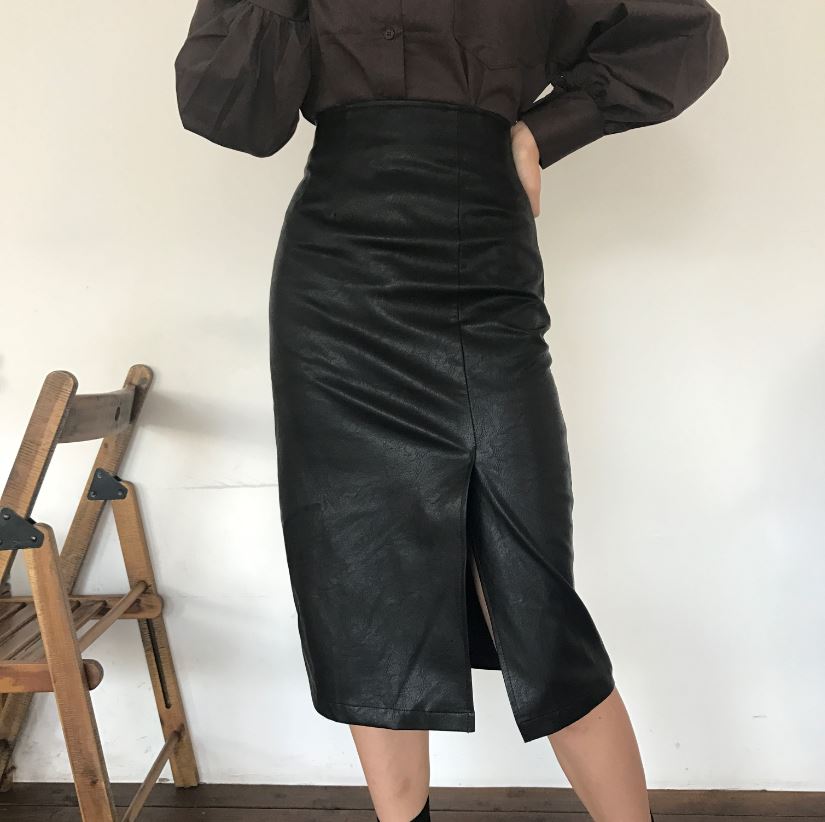Vogue black incision hooded long skirt Reza leathe
