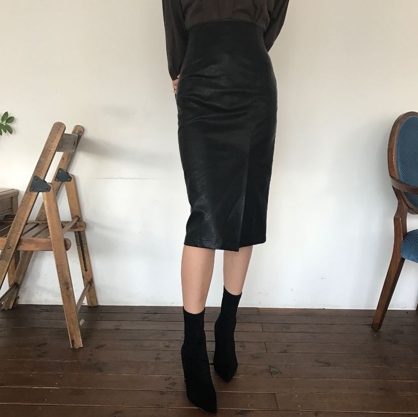 Vogue black incision hooded long skirt Reza leathe