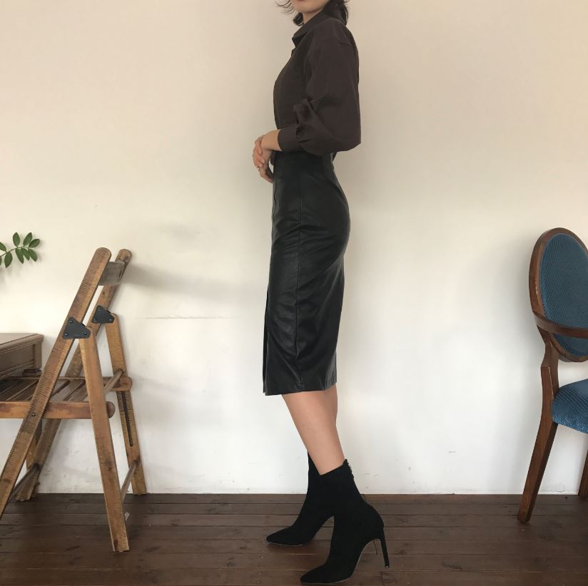 Vogue black incision hooded long skirt Reza leathe