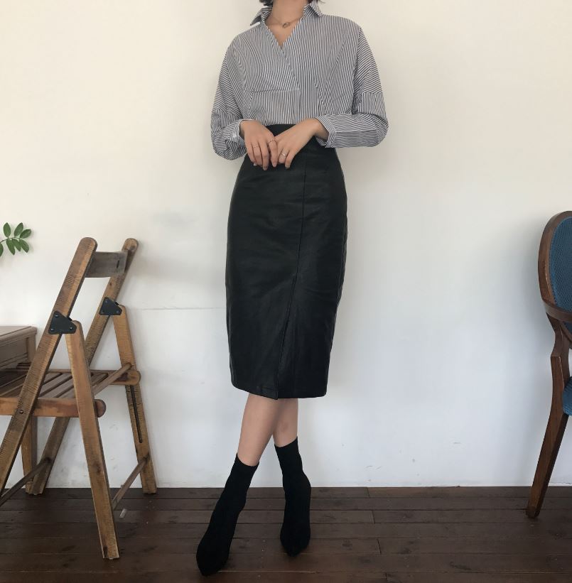 Vogue black incision hooded long skirt Reza leathe