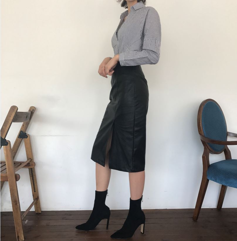 Vogue black incision hooded long skirt Reza leathe