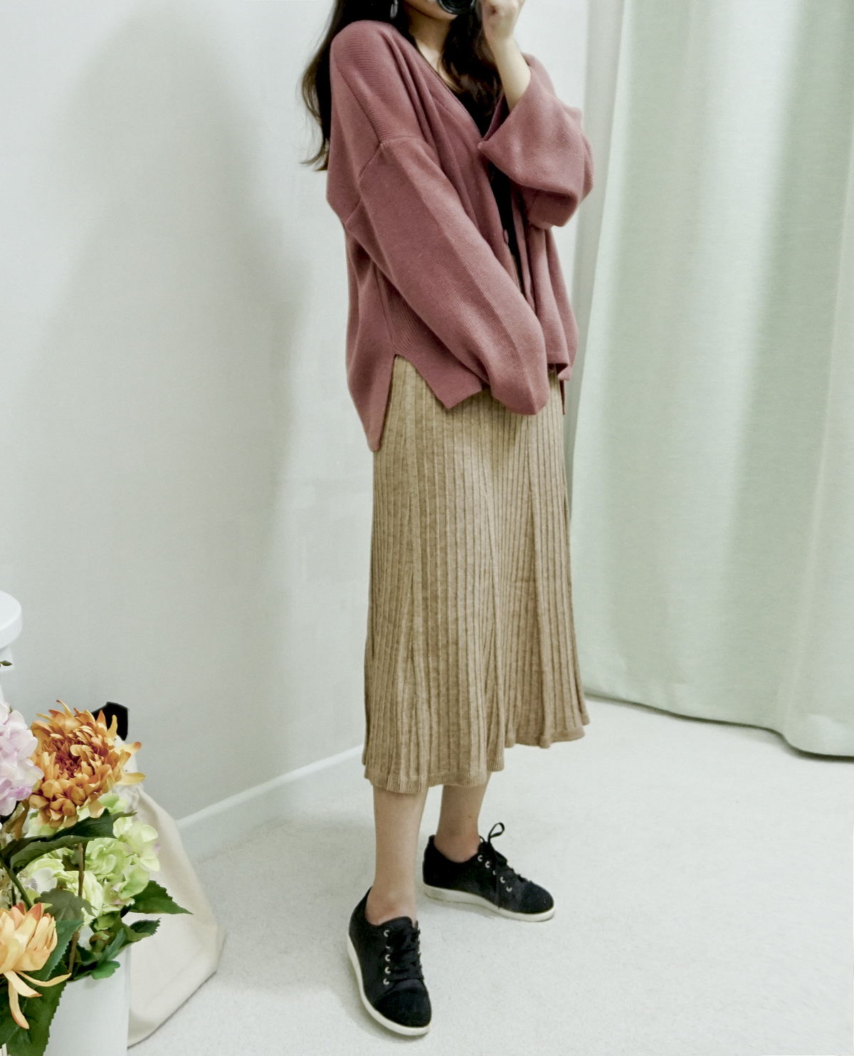 Knit Banding Flare Skirt Winter Long Autumn Long