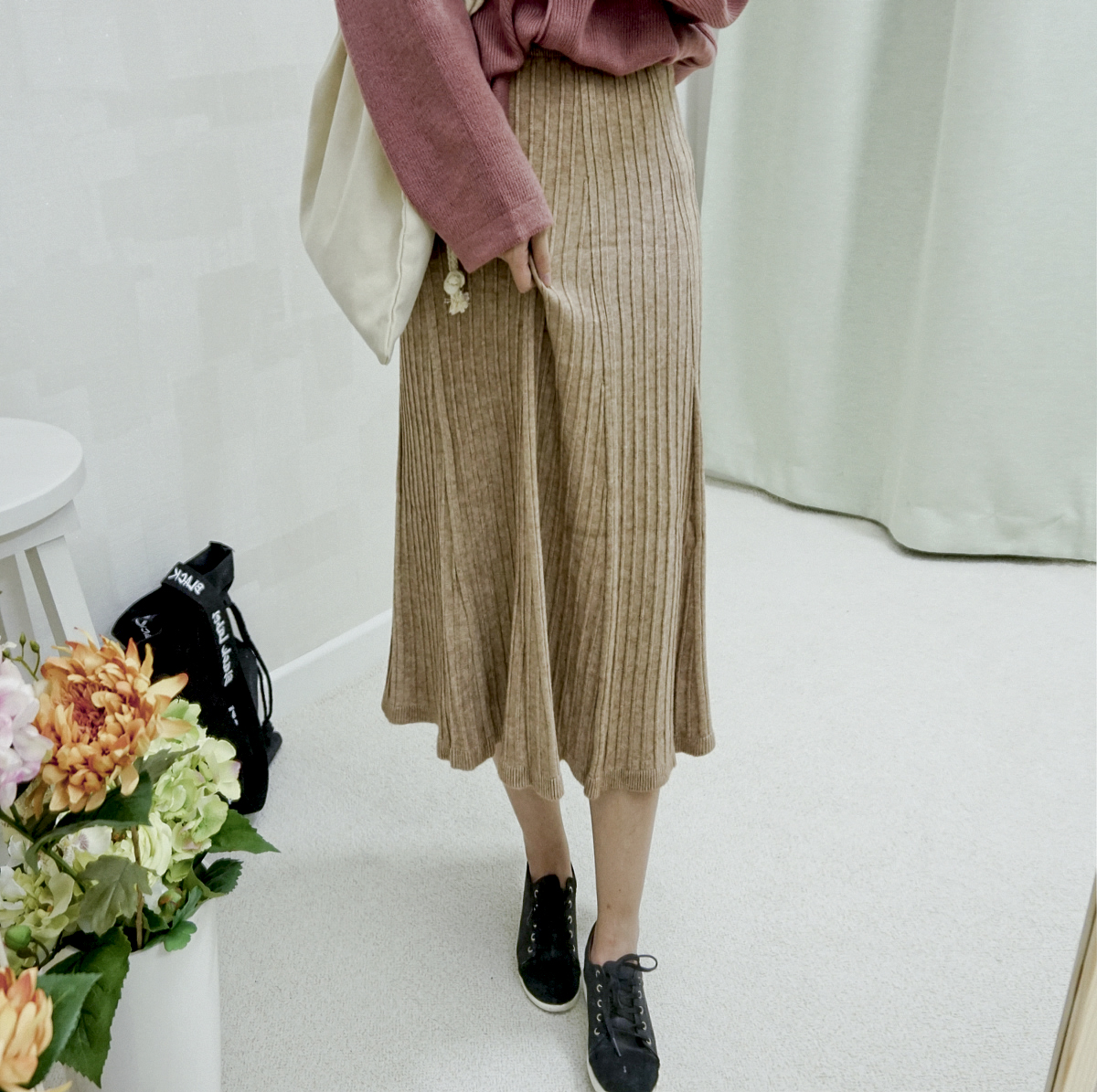 Knit Banding Flare Skirt Winter Long Autumn Long