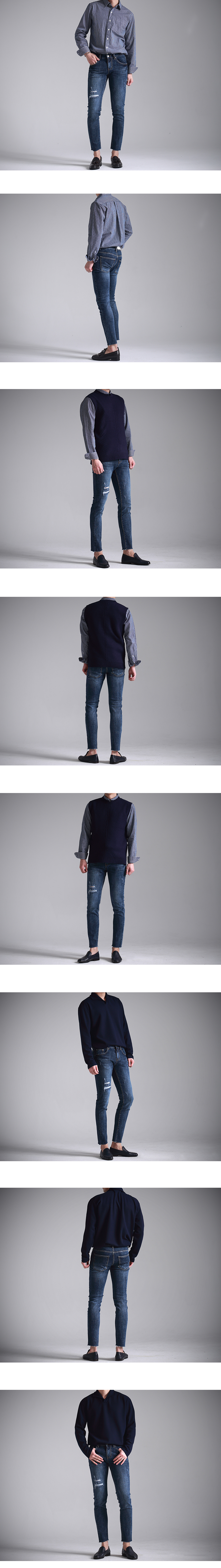 Korea Jeans Pants Men's Span Cutting Torn Jeans