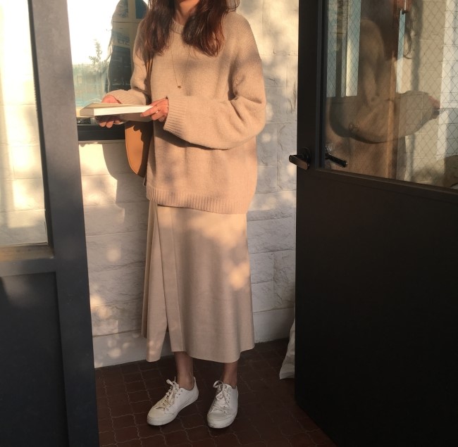 A line-cut knit woolen long skirt a-day skirt set 