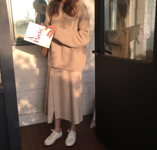 A line-cut knit woolen long skirt a-day skirt set 