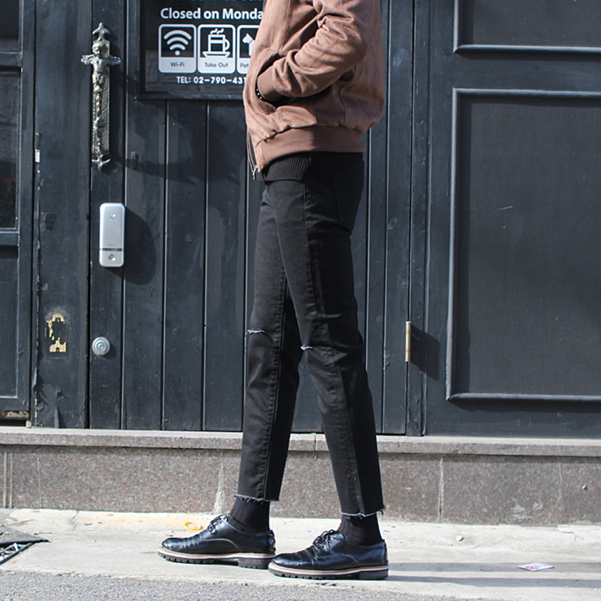 Korea Jeans Pants 1605 Man Torn Black Jean Size SM