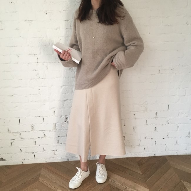 A line-cut knit woolen long skirt a-day skirt set 