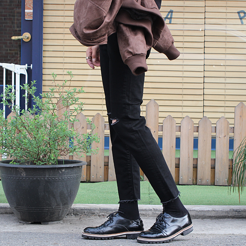 Korea Jeans Pants 1605 Man Torn Black Jean Size SM