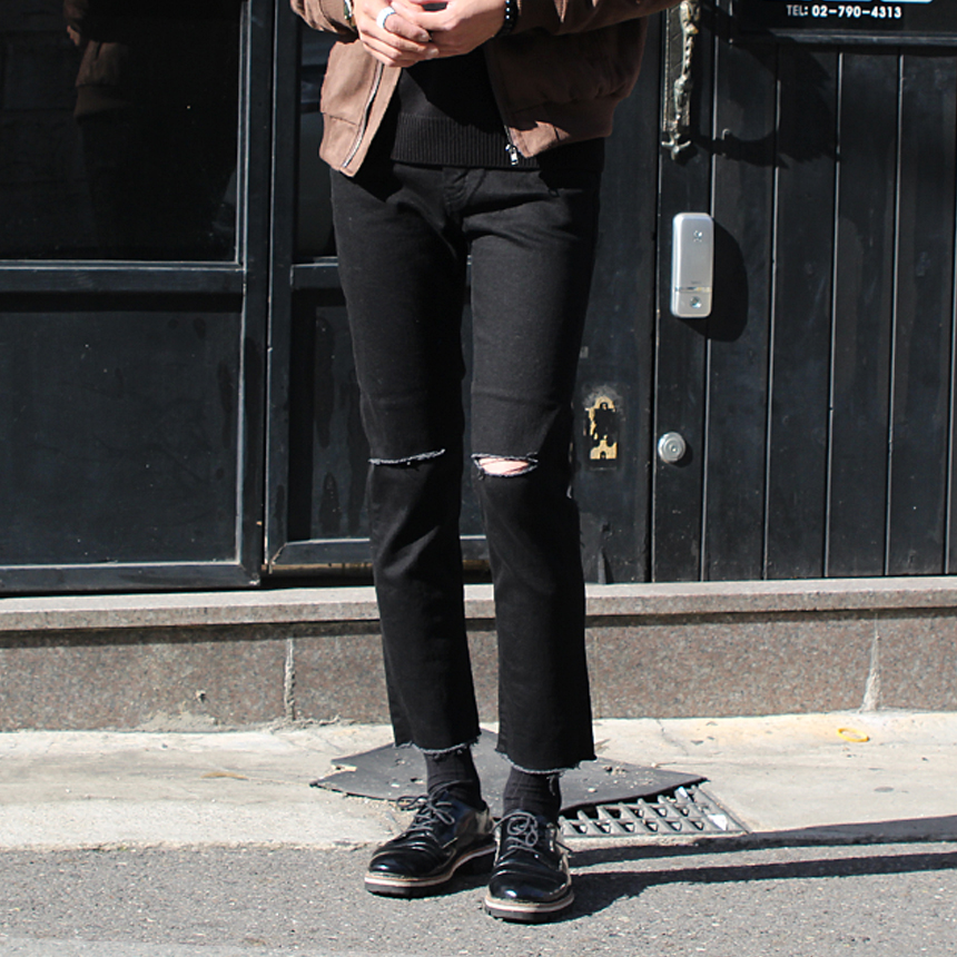 Korea Jeans Pants 1605 Man Torn Black Jean Size SM