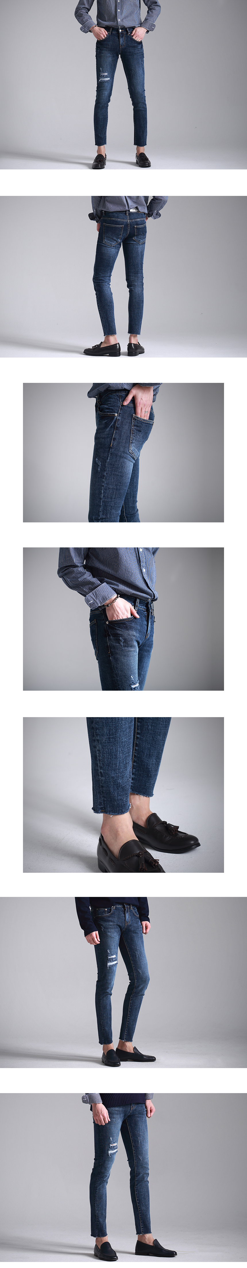 Korea Jeans Pants Men's Span Cutting Torn Jeans