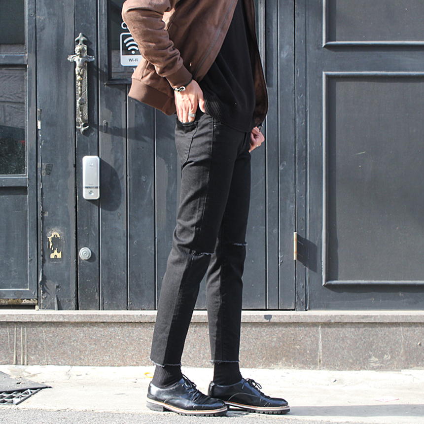 Korea Jeans Pants 1605 Man Torn Black Jean Size SM