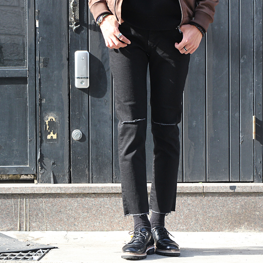 Korea Jeans Pants 1605 Man Torn Black Jean Size SM