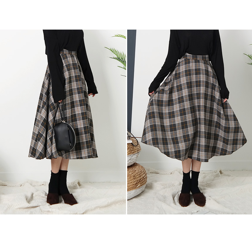 Winter flare check Long skirt Autumn long skirt A 