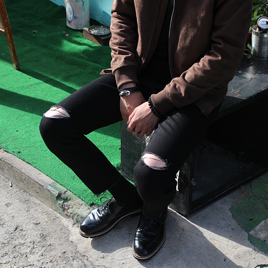 Korea Jeans Pants 1605 Man Torn Black Jean Size SM