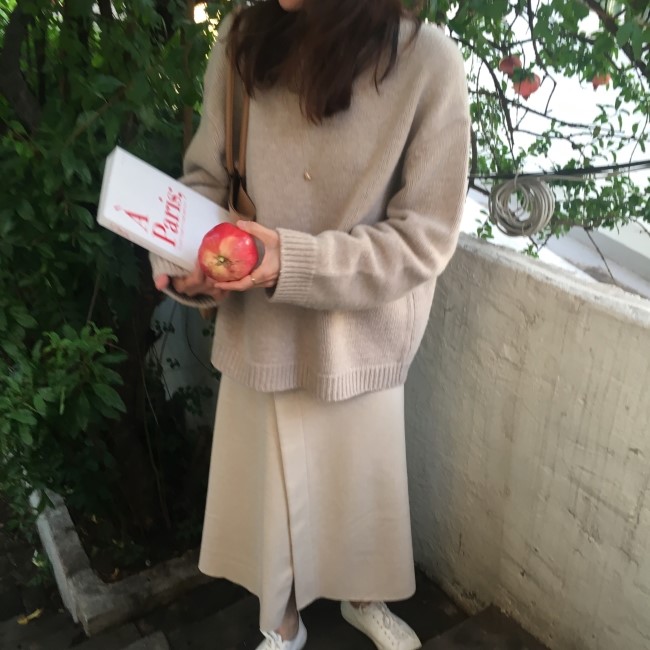 A line-cut knit woolen long skirt a-day skirt set 