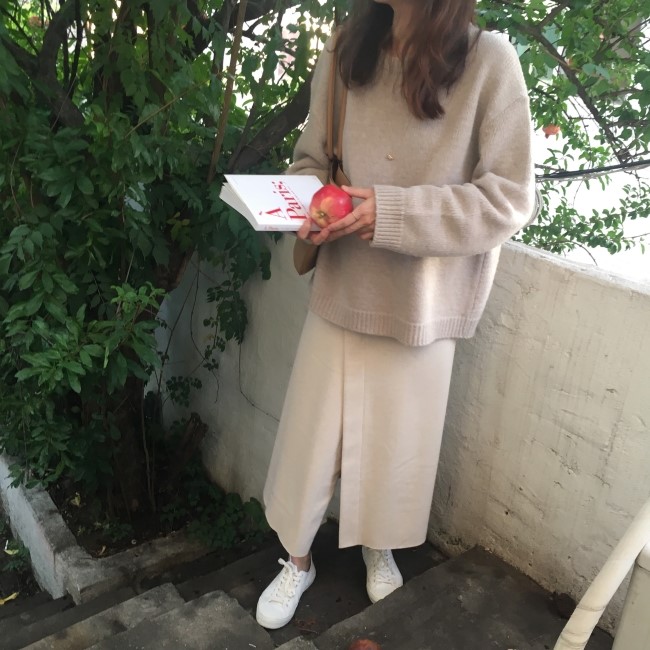 A line-cut knit woolen long skirt a-day skirt set 