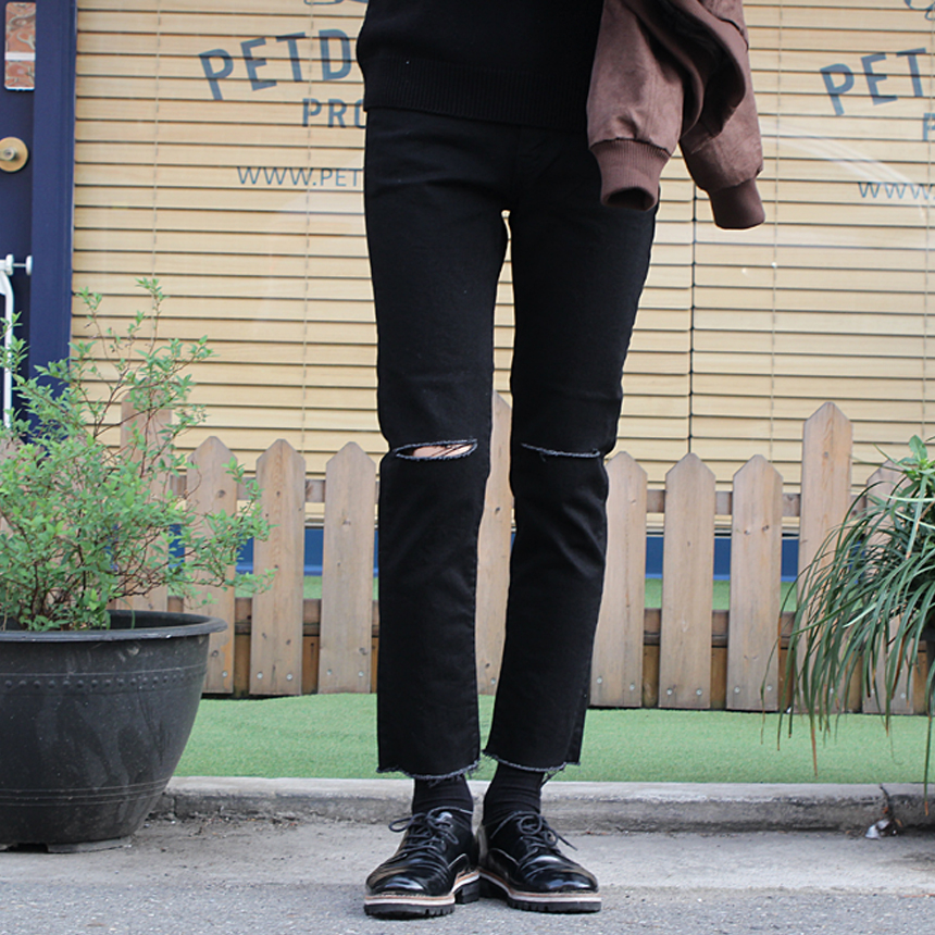 Korea Jeans Pants 1605 Man Torn Black Jean Size SM