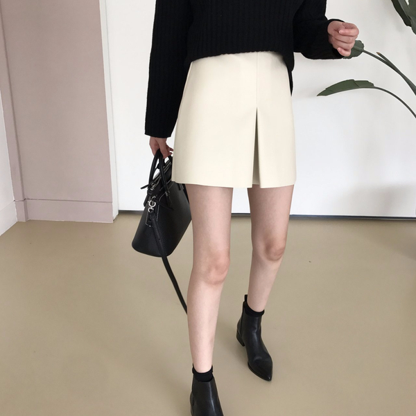 Prosom front wrinkled leather Mini skirt Beige M s